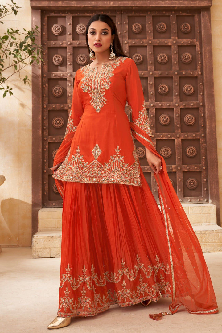 Orange Multicolor Thread, Zari, Mirror, Sequins and Pearl work Palazzo Salwar Suit