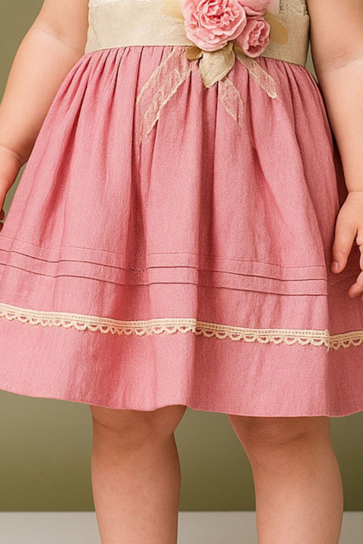 Cream with Peach Lace work Short Frock for Girls