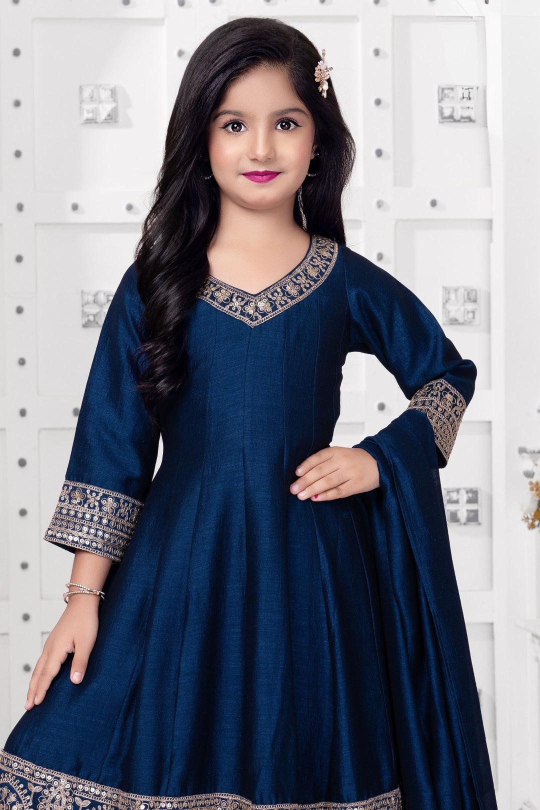 Teal Blue Zari Thread and Sequins work Anarkali Style Palazzo Suit for Girls