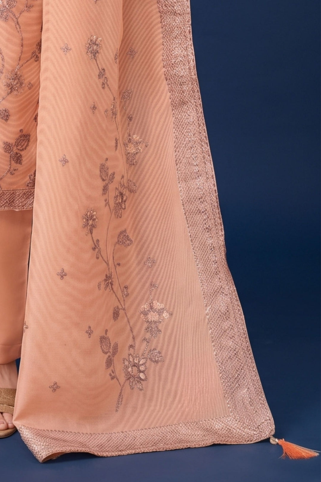 Peach Zari, Mirror, Zardozi, Sequins and Stone work Straight Cut Salwar Suit