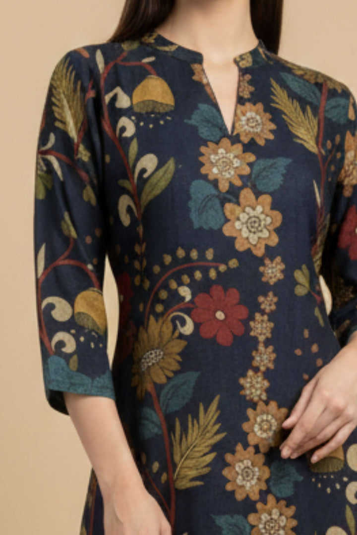 Navy Blue Beads work with Floral Print A-line Cut Calf Length Kurti