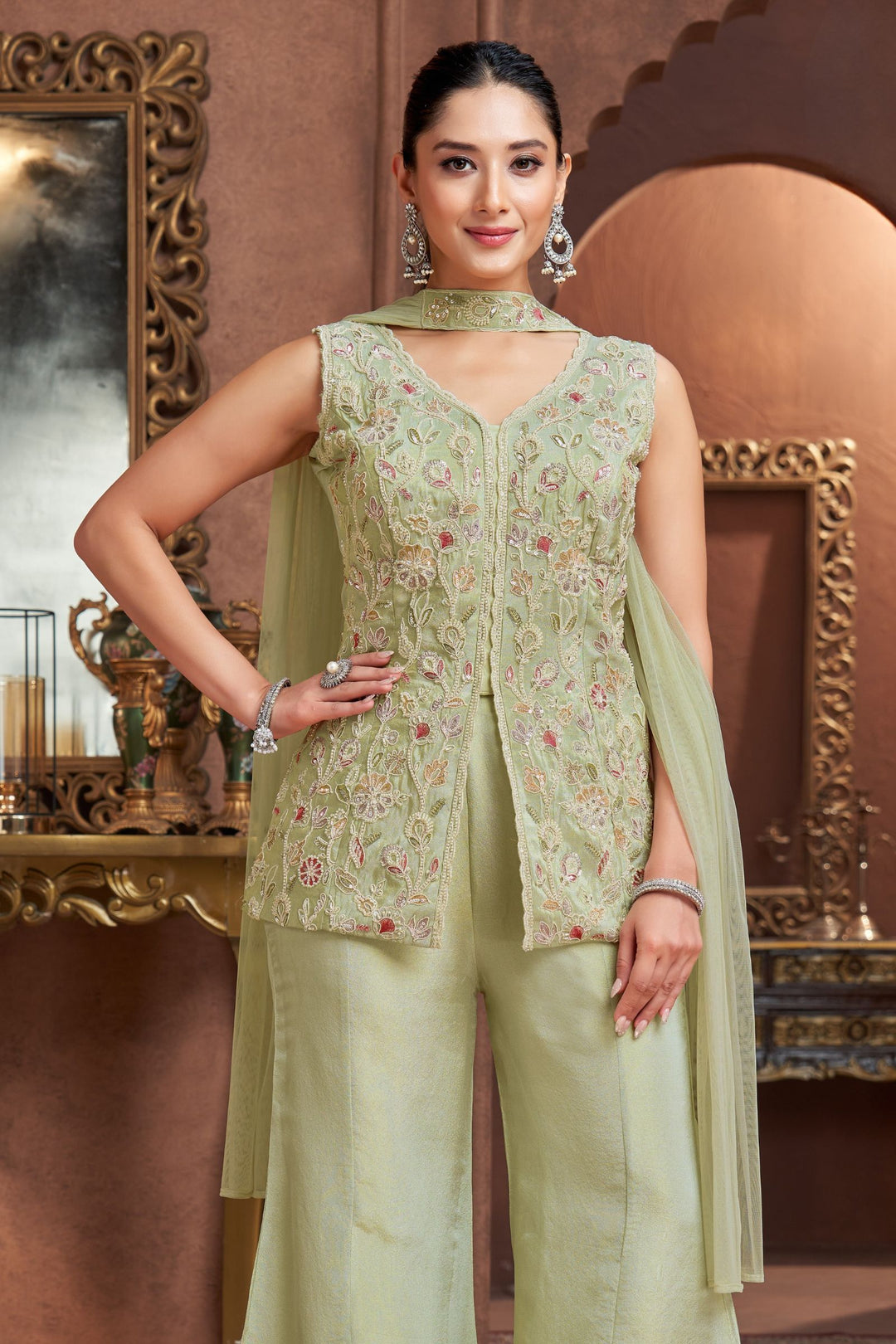 Pista Green Palazzo Salwar Suit with Embroidery, Beads and Sequins Detailing