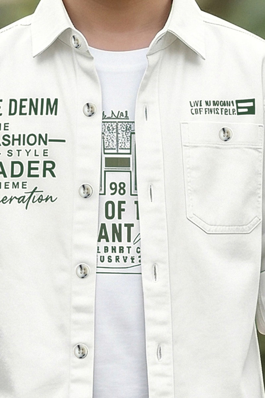 White Blazer, Printed T-Shirt and Green Pant Set for Boys