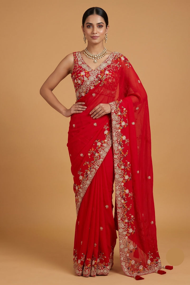 Red Saree with Multicolor Embroidery, Zari and Sequins Embellishments