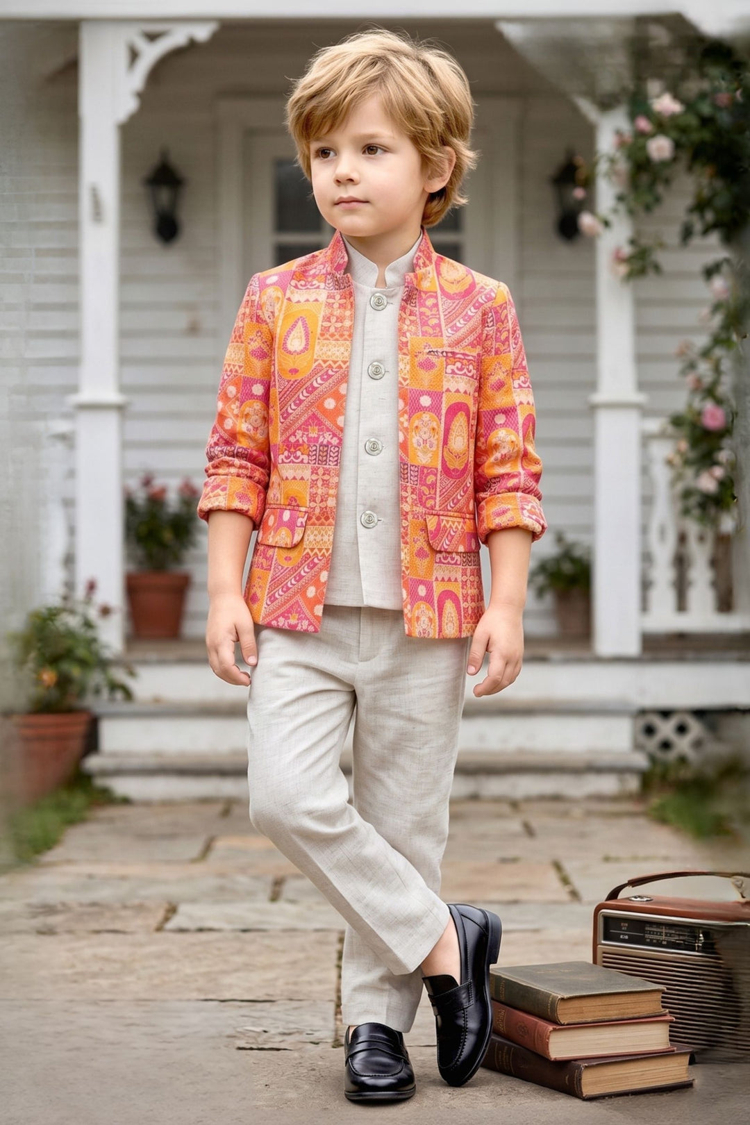 Half White Kurta with Multicolor Digital Print Waistcoat for Boys