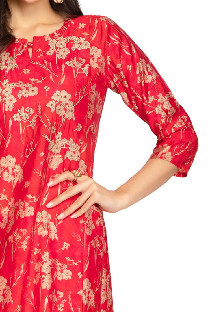 Red with Pink Thread work with Floral Print A-Line Cut Calf Length Kurti