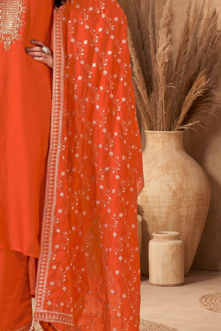 Orange Sequins, Beads, Mirror and Zari work A-line Cut Anarkali Styled Salwar Suit