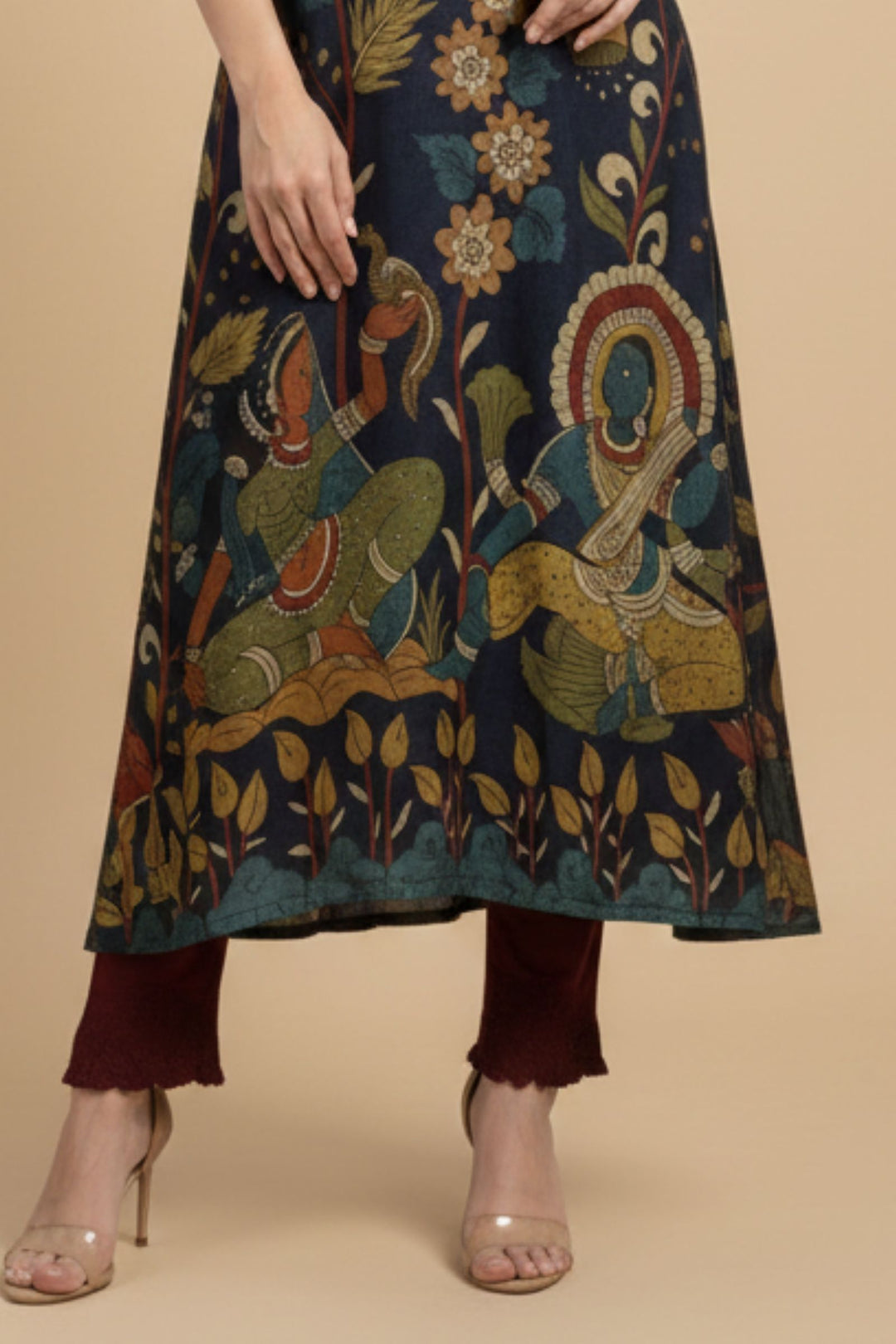 Navy Blue Beads work with Floral Print A-line Cut Calf Length Kurti