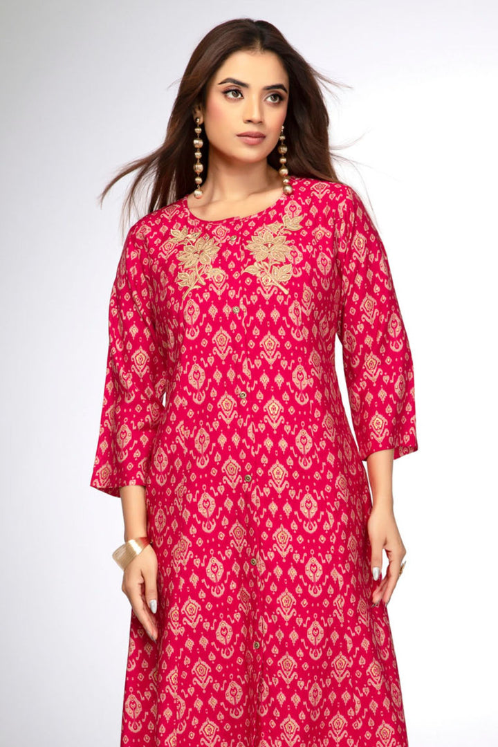 Rani Pink Embroidery and Mirror work with Digital Print Calf Length Kurti