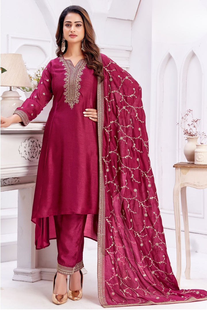 Magenta Beads, Sequins, Mirror, Stone and Thread work A-line Cut Salwar Suit