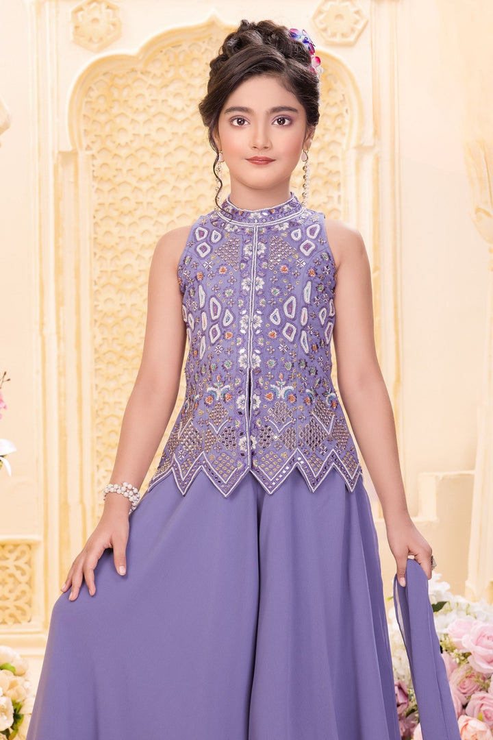 Lavender Beads, Zari, Mirror and Sequins work Palazzo Suit Set for Girls