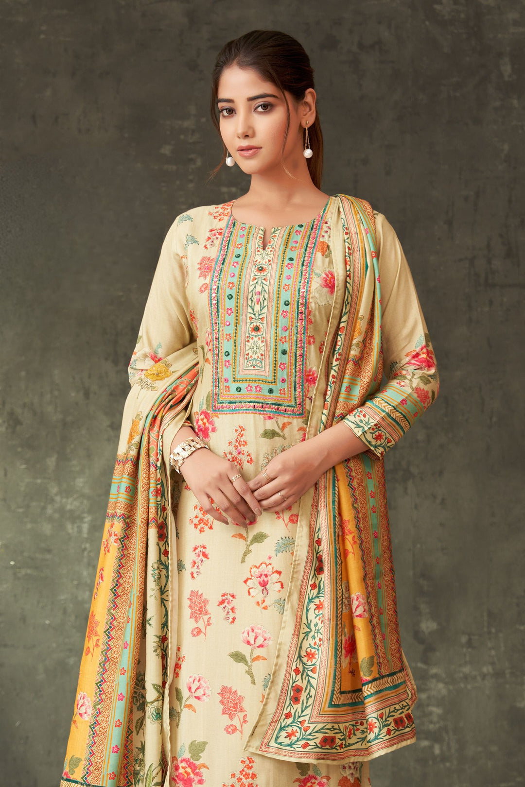 Beige Mirror and Zari work with Floral Print Straight Cut Salwar Suit