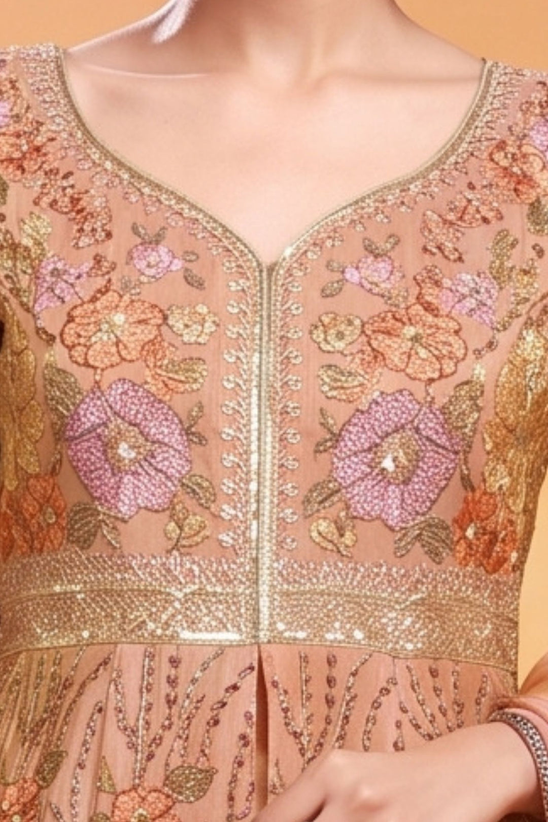 Peach Floral Embroidery, Sequins and Zari work Mastani Styled Palazzo Suit