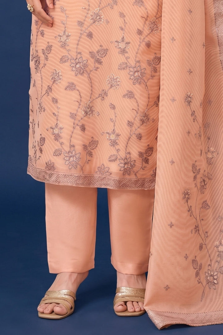 Peach Zari, Mirror, Zardozi, Sequins and Stone work Straight Cut Salwar Suit