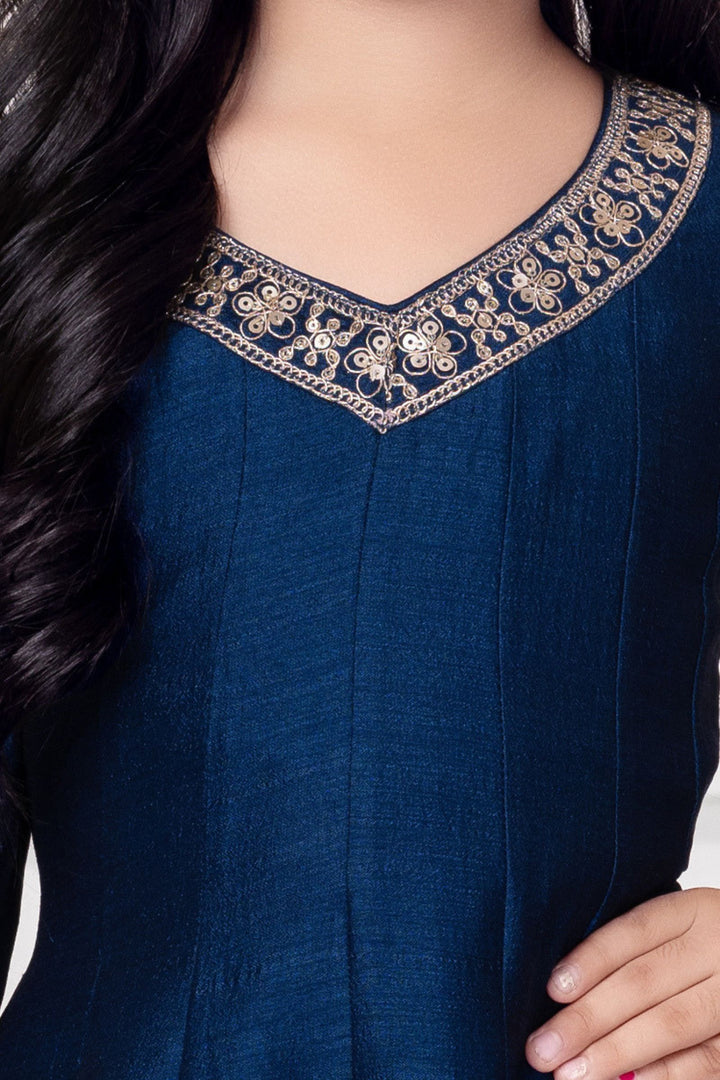 Teal Blue Zari Thread and Sequins work Anarkali Style Palazzo Suit for Girls