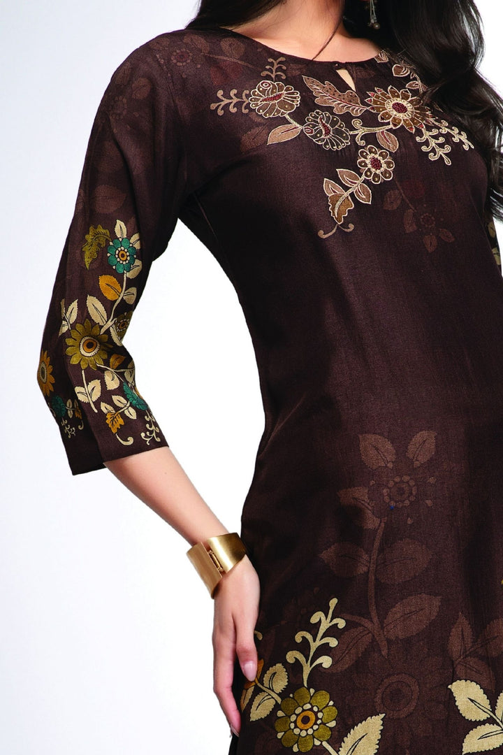 Brown Embroidery, Stone and Zari work with Floral Print Calf Length Kurti