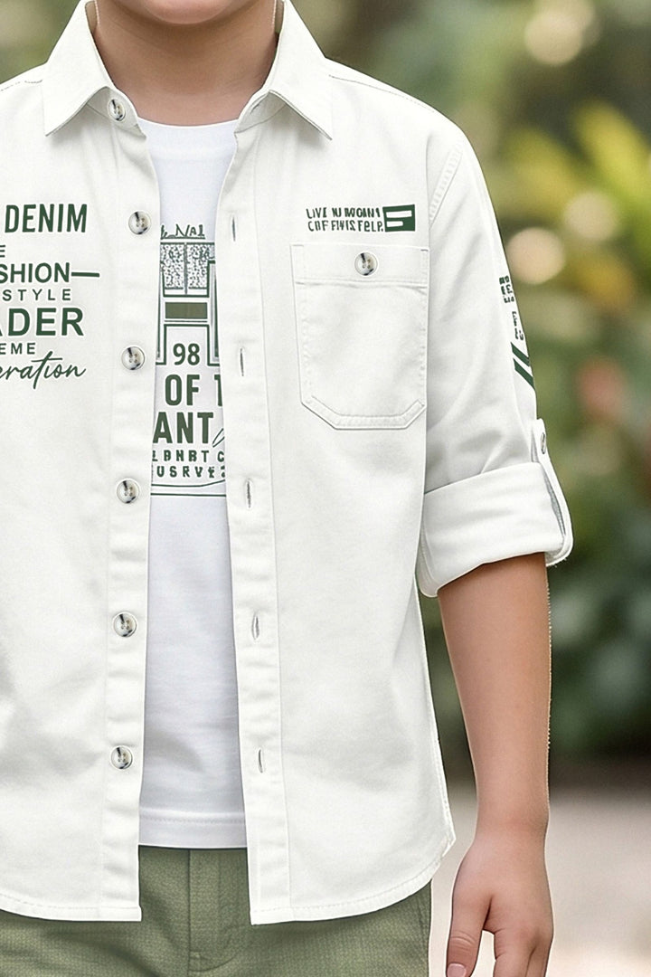 White Blazer, Printed T-Shirt and Green Pant Set for Boys