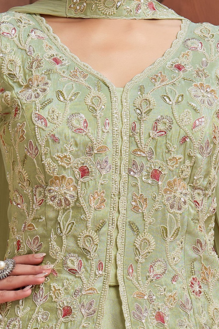 Pista Green Palazzo Salwar Suit with Embroidery, Beads and Sequins Detailing