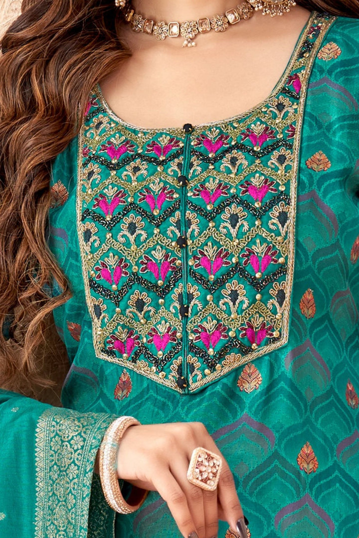 Rama Green Banaras and Embroidery work with Multicolor Digital Print Straight Cut Salwar Suit