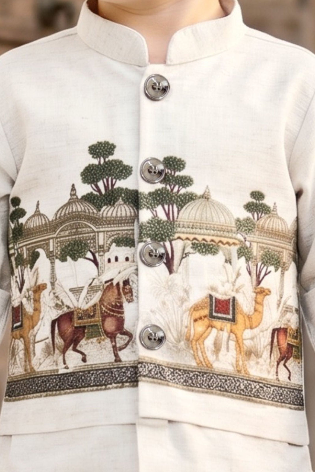 Half White Mughal-Style Motifs Shirt and Green Pant Set for Boys