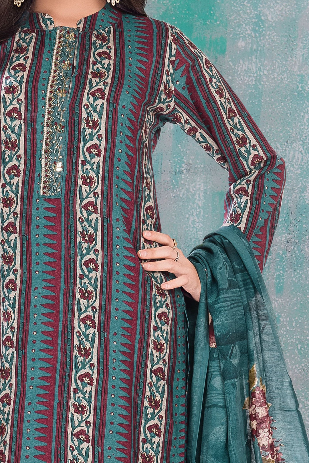 Peacock Green Beads and Mirror work with Printed Straight Cut Salwar Suit for Girls