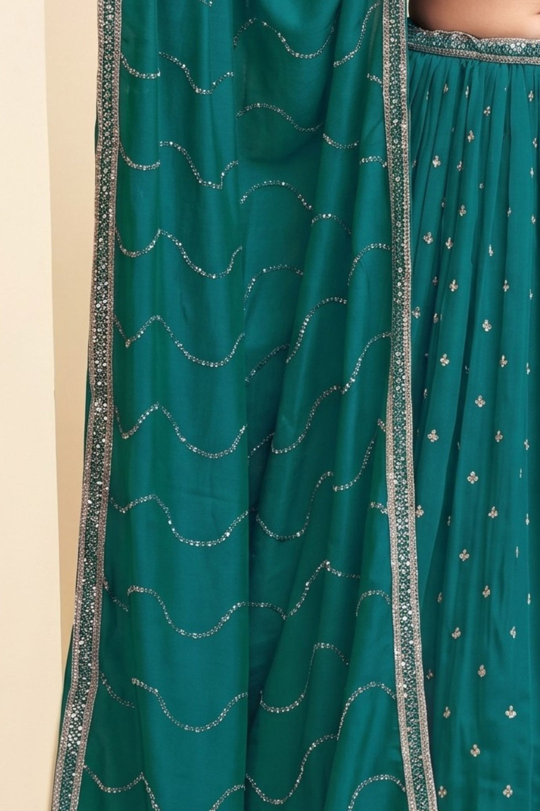 Rama Blue Beads, Sequins and Zari work Lehenga Set