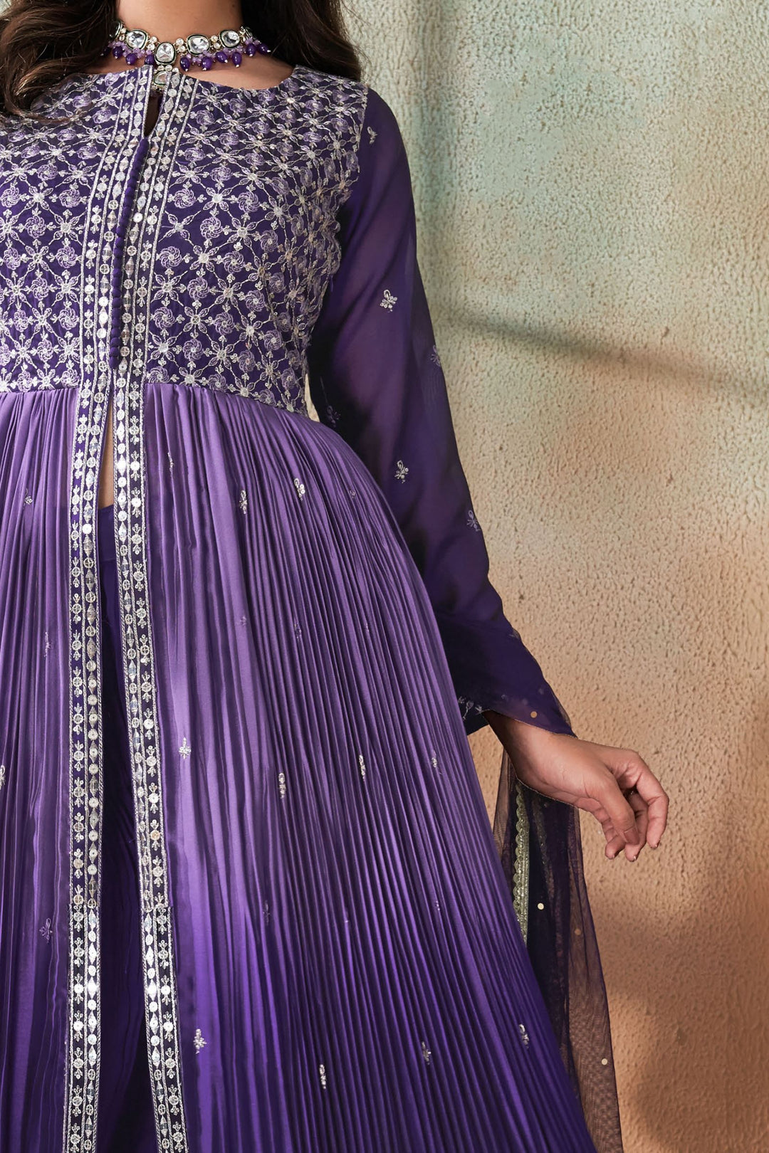 Purple Zari, Thread and Sequins work Salwar Suit with Palazzo Pants