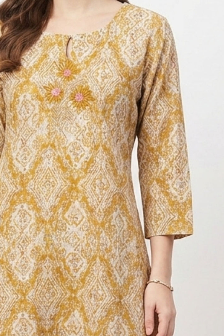 Beige Embroidery, Zari and Stone work with Digital Print A-Line Cut Calf Length Kurti