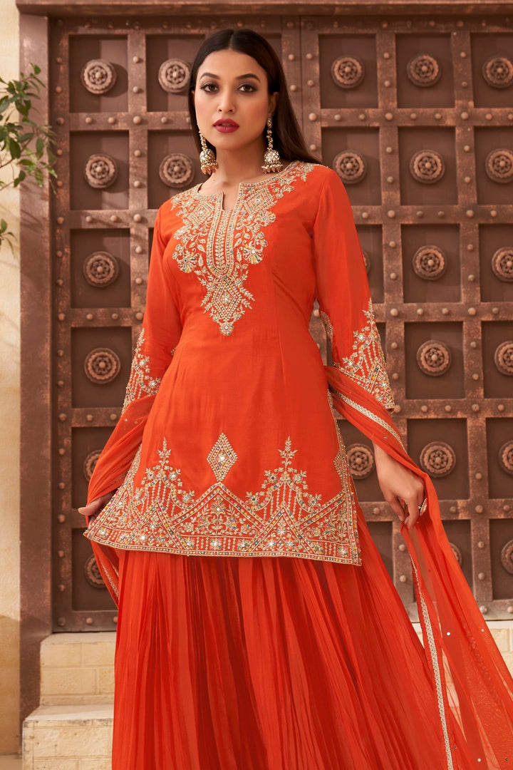 Orange Multicolor Thread, Zari, Mirror, Sequins and Pearl work Palazzo Salwar Suit