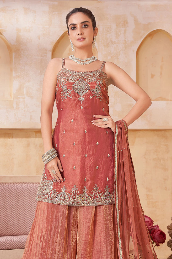 Light Orange Mirror, Stone, Zari and Pearls work Palazzo Salwar Suit