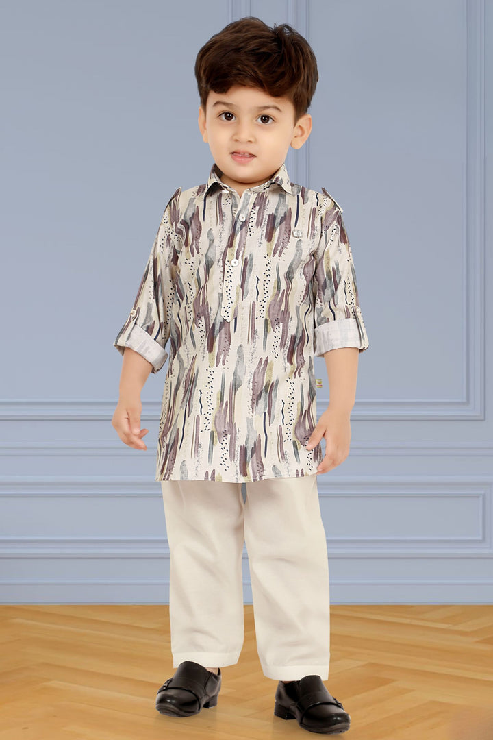 Cream with Multicolor Digital Print Kurta Set for Boys
