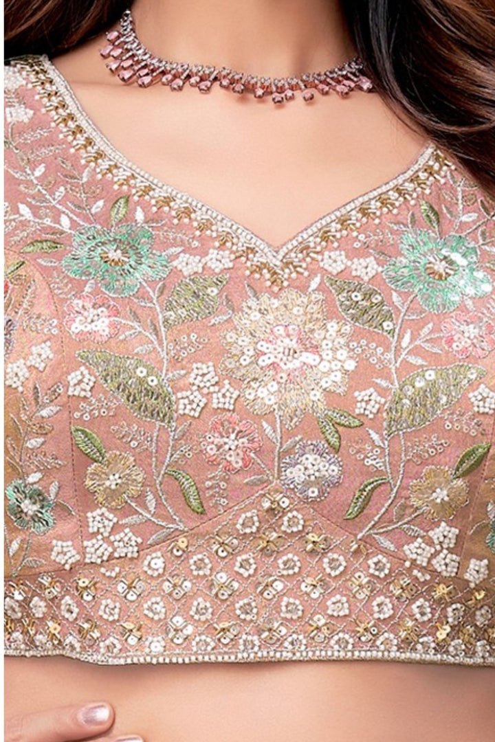 Peach Sequins, Beads and Multicolor Thread work Crop Top Lehenga