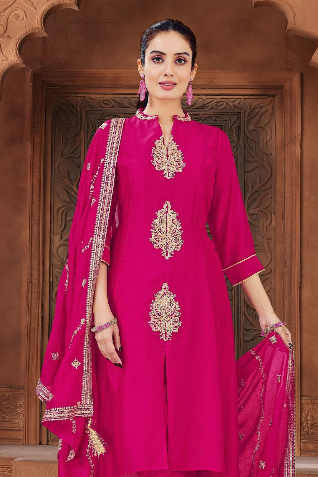 Rani Pink Beads and Sequins work A-line Cut Salwar Suit