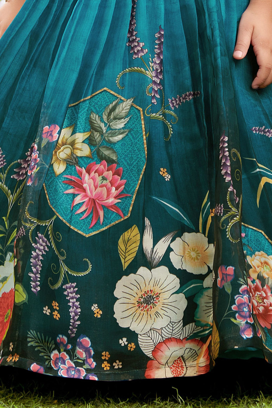 Blue Beads work with Floral Print Lehenga Choli for Girls