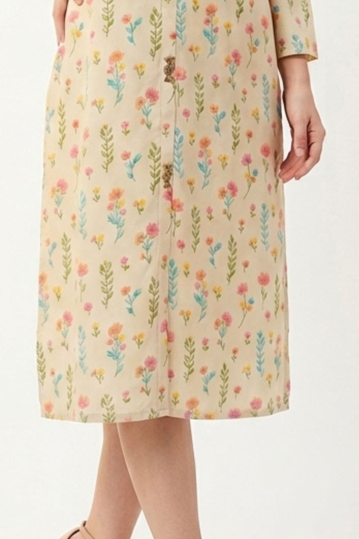 Cream Beads, Sequins and Thread work with Floral Print Calf Length Kurti