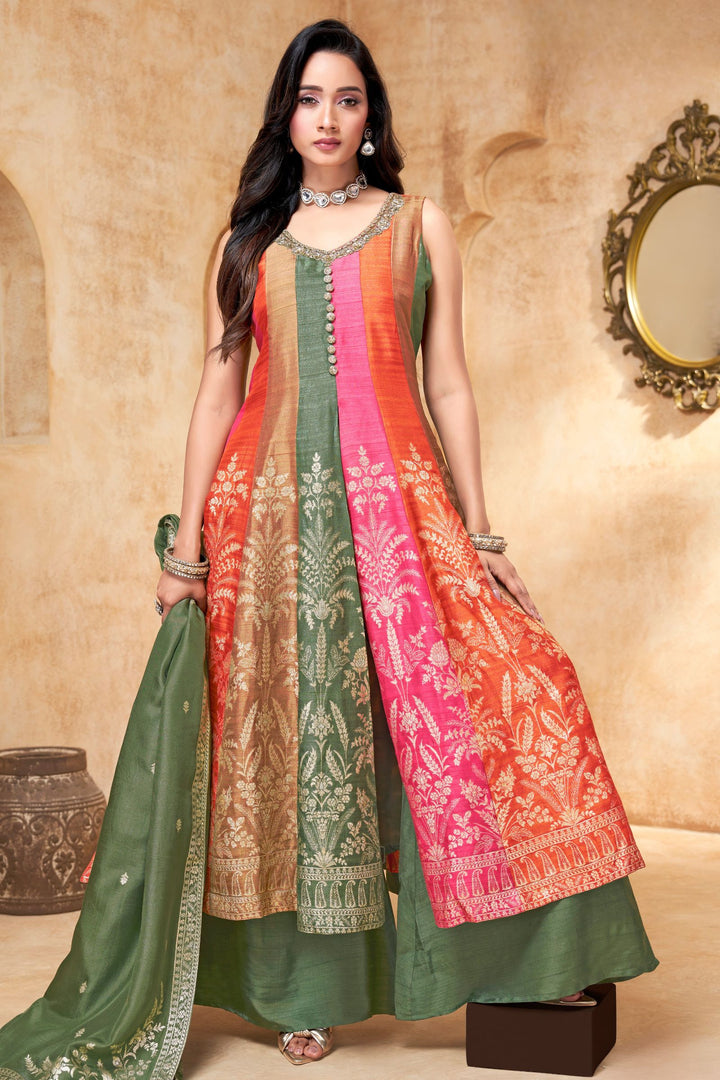 Multicolor Banaras, Sequins and Beads work Anarkali Style Salwar Suit with Palazzo Pant