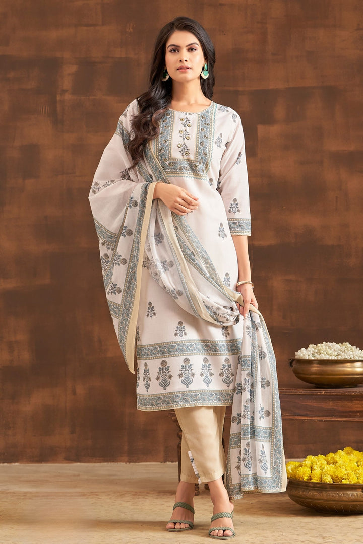 Cream Beads and Thread work with Digital Print Straight Cut Salwar Suit