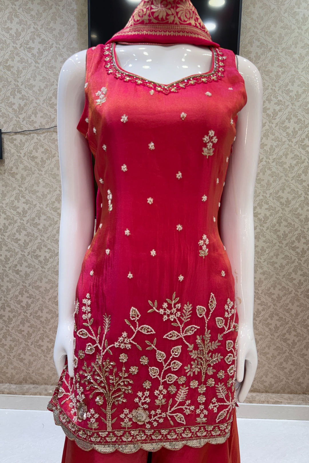 Tomato Red Beads, Sequins, Zari and Mirror work Palazzo Salwar Suit