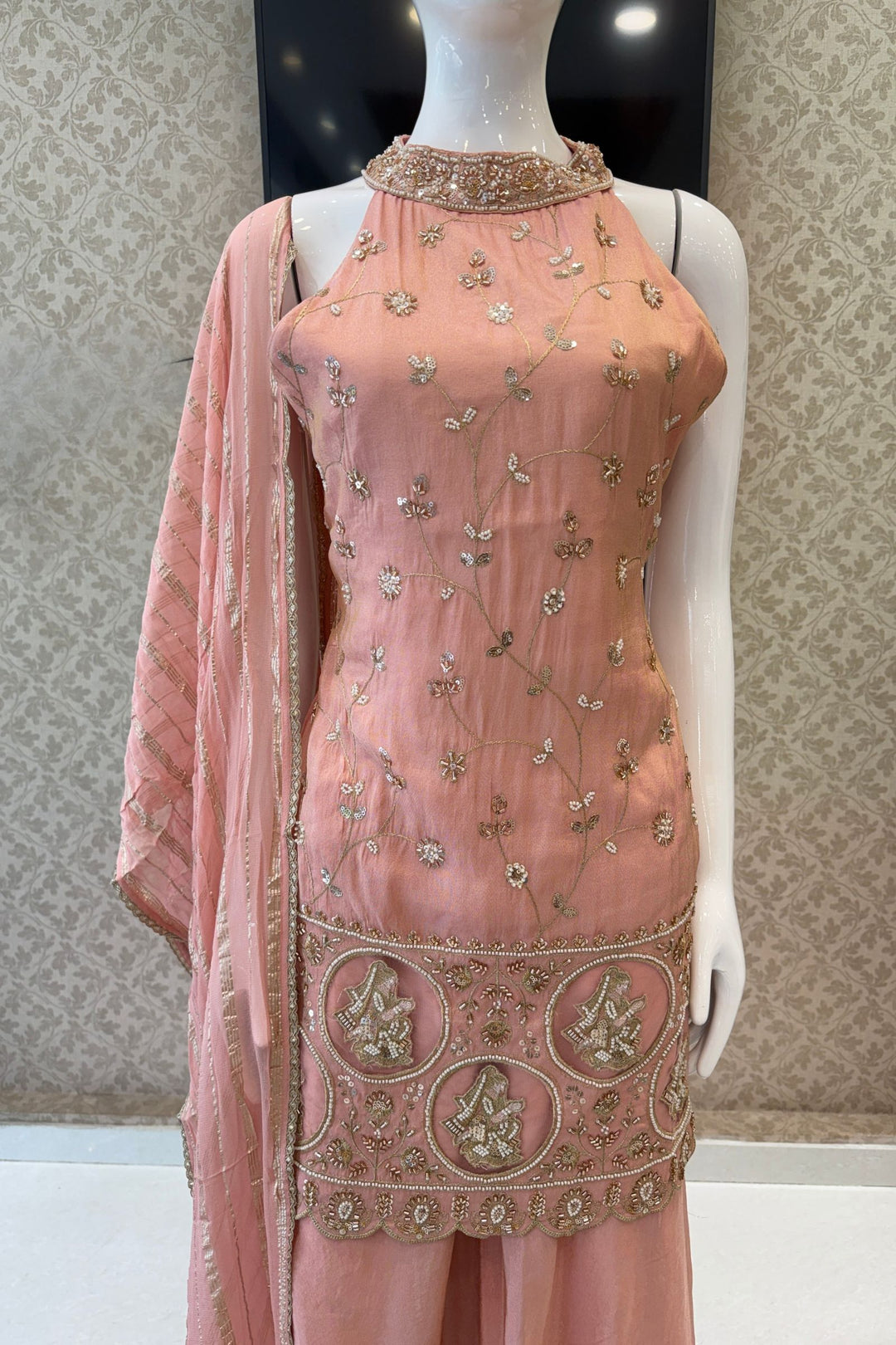 Peach Zari, Sequins and Beads work Palazzo Salwar Suit