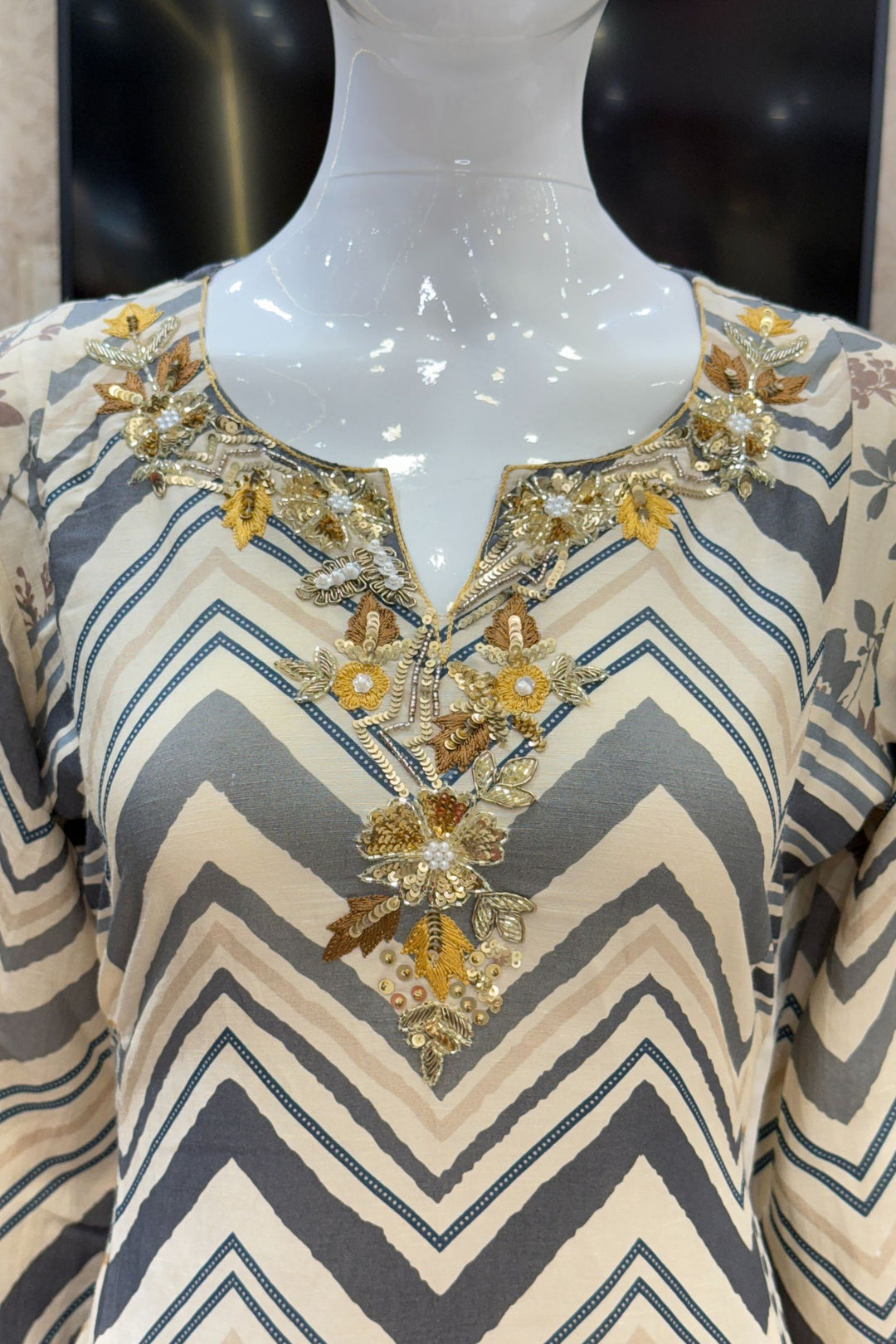 Cream Sequins, Beads and Zardozi work with Zig Zag Stripes Straight Cut Salwar Suit