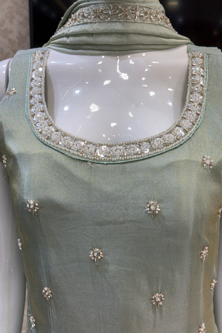 Light Pista Green Beads, Zari and Sequins work Top with Flared Palazzo Set