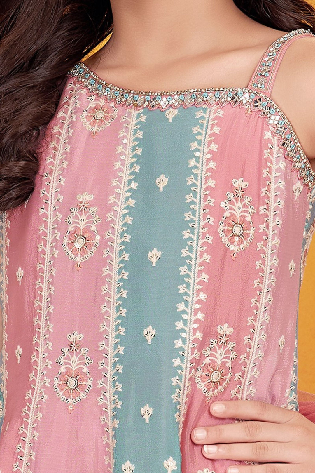 Baby Pink Thread, Sequins, Mirror and Stone work Palazzo Suit Set for Girls