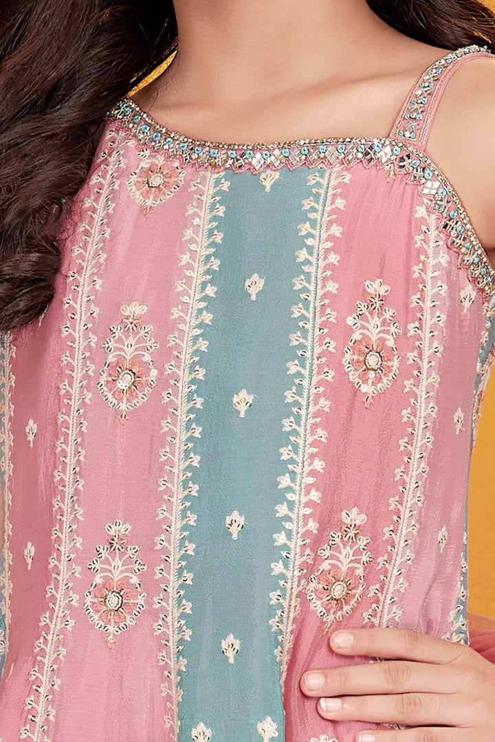 Baby Pink Thread, Sequins, Mirror and Stone work Palazzo Suit Set for Girls