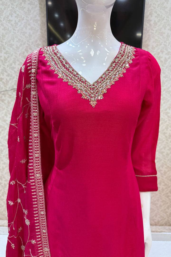 Rani Pink Beads, Pearl, Zardozi, Stone, Zari and Sequins work Aline Cut Salwar Suit