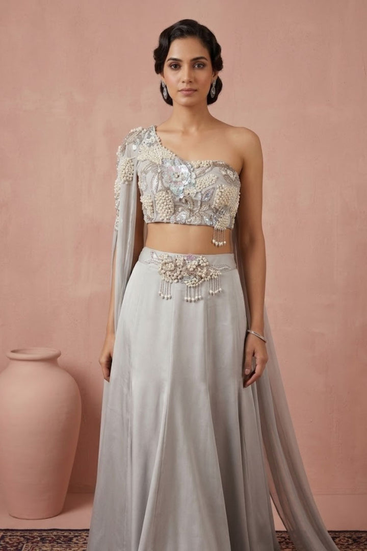 Grey Pearls, Sequins and Beads work Indo-Western Styled Lehenga