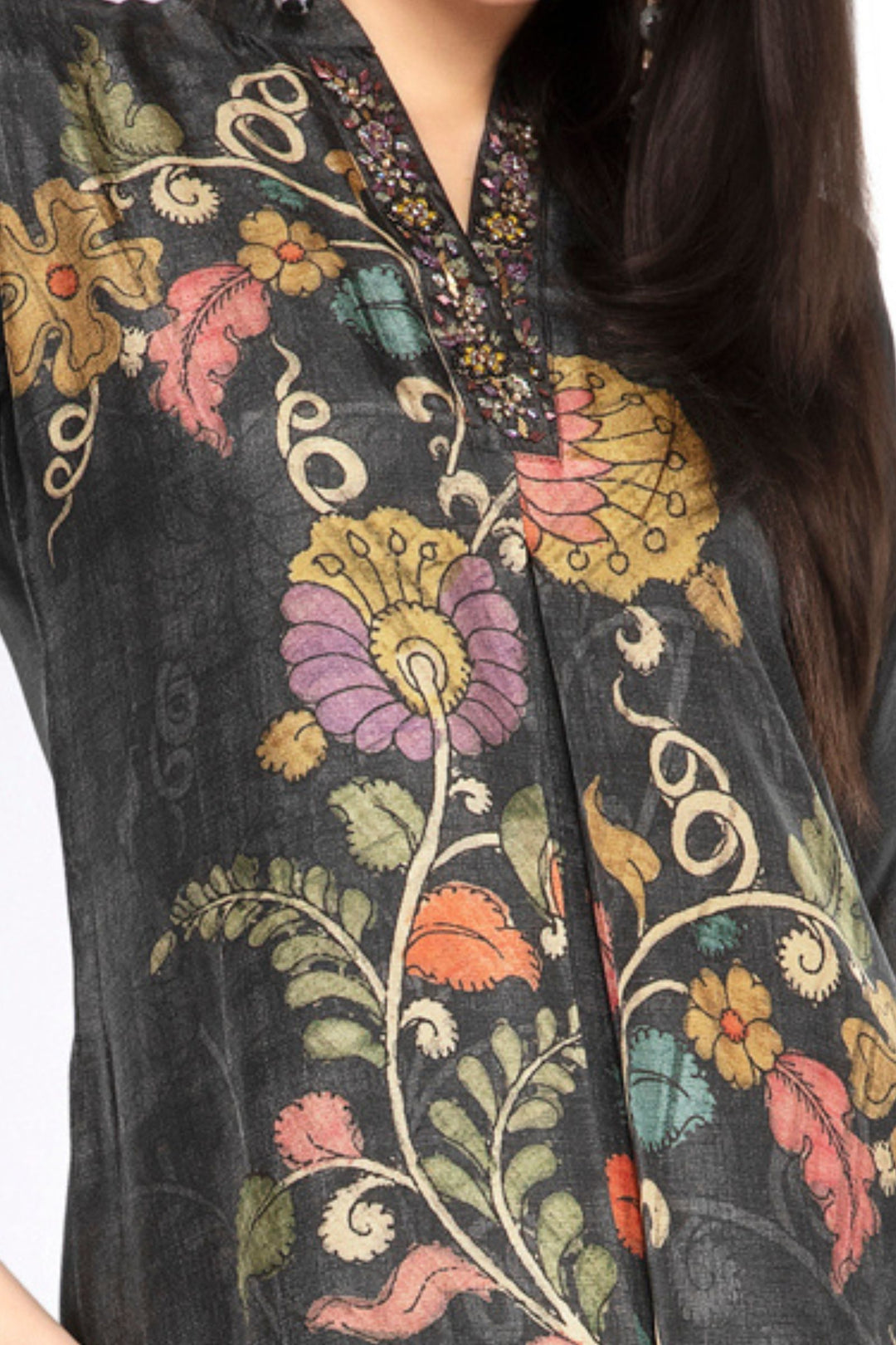 Elephant Grey Zardozi, Beads and Stone work with Floral Print A-line Cut Calf Length Kurti