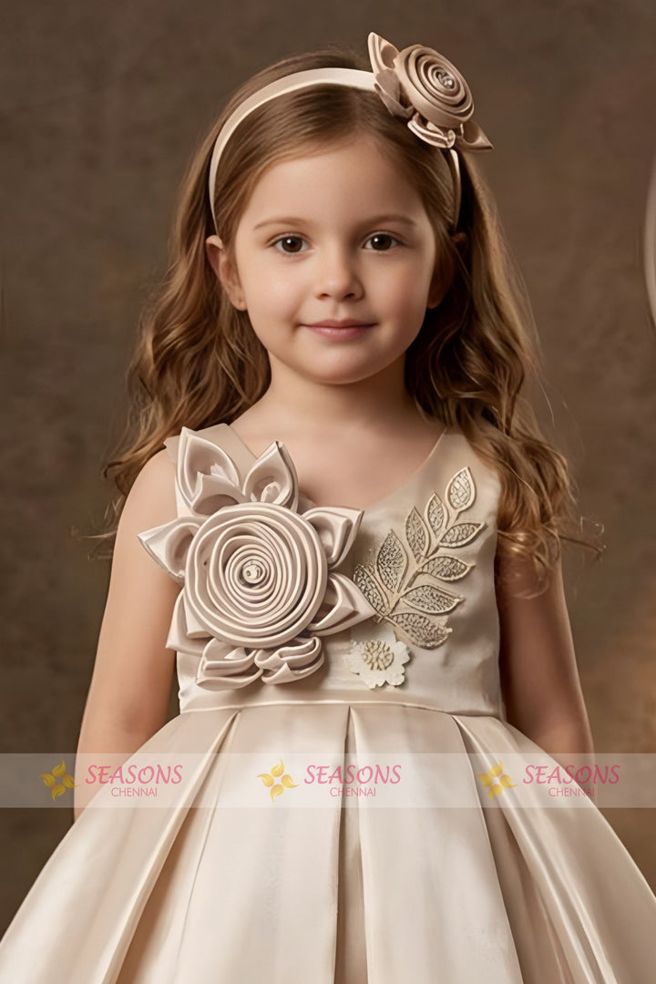 Beige Beads work Short Partywear Frock for Girls