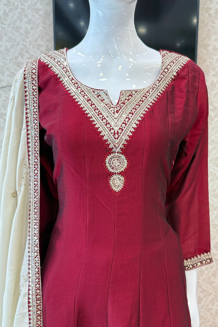 Maroon Sequins and Zari work A-line Cut Salwar Suit