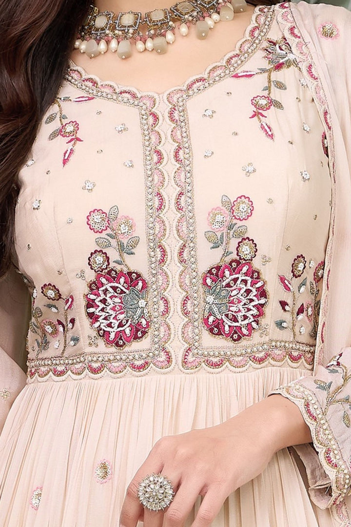 Cream Multicolor Thread, Beads, Sequins and Zari work Floor Length Anarkali Suit