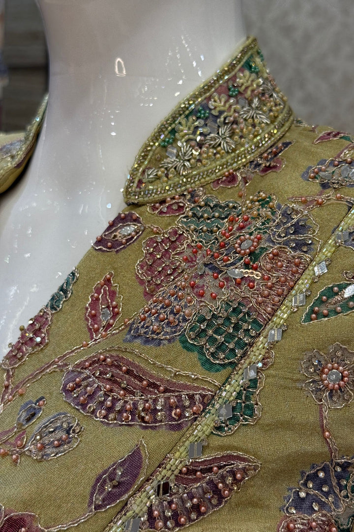 Green Beads, Zari and Sequins work with Floral Print Crop Top and Cowl Skirt